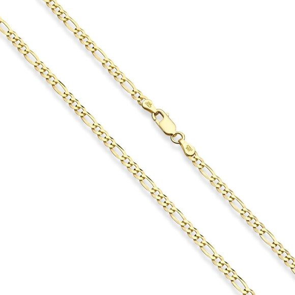 Solid 18K Gold Over 925 Sterling Silver Italian 3mm Diamond-Cut Figaro Link Chai - Picture 2 of 6
